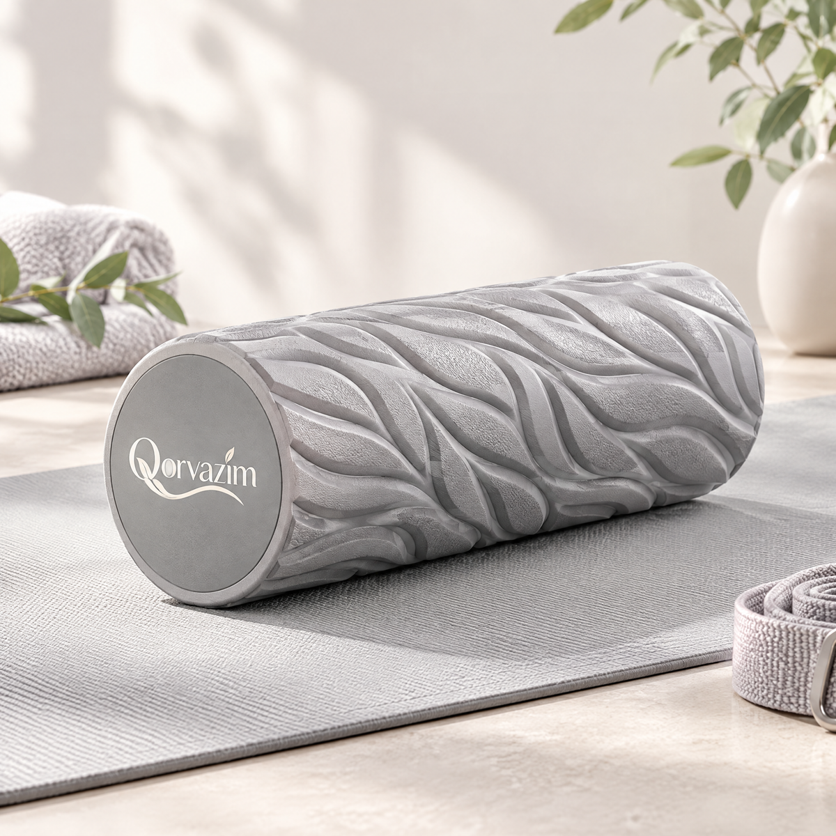 Qorvazim™ High-Density Textured Foam Roller – 3D Leaf-Wave Pattern Deep Tissue Massager for Yoga, Pilates &amp; Muscle Recovery (Mist Grey)