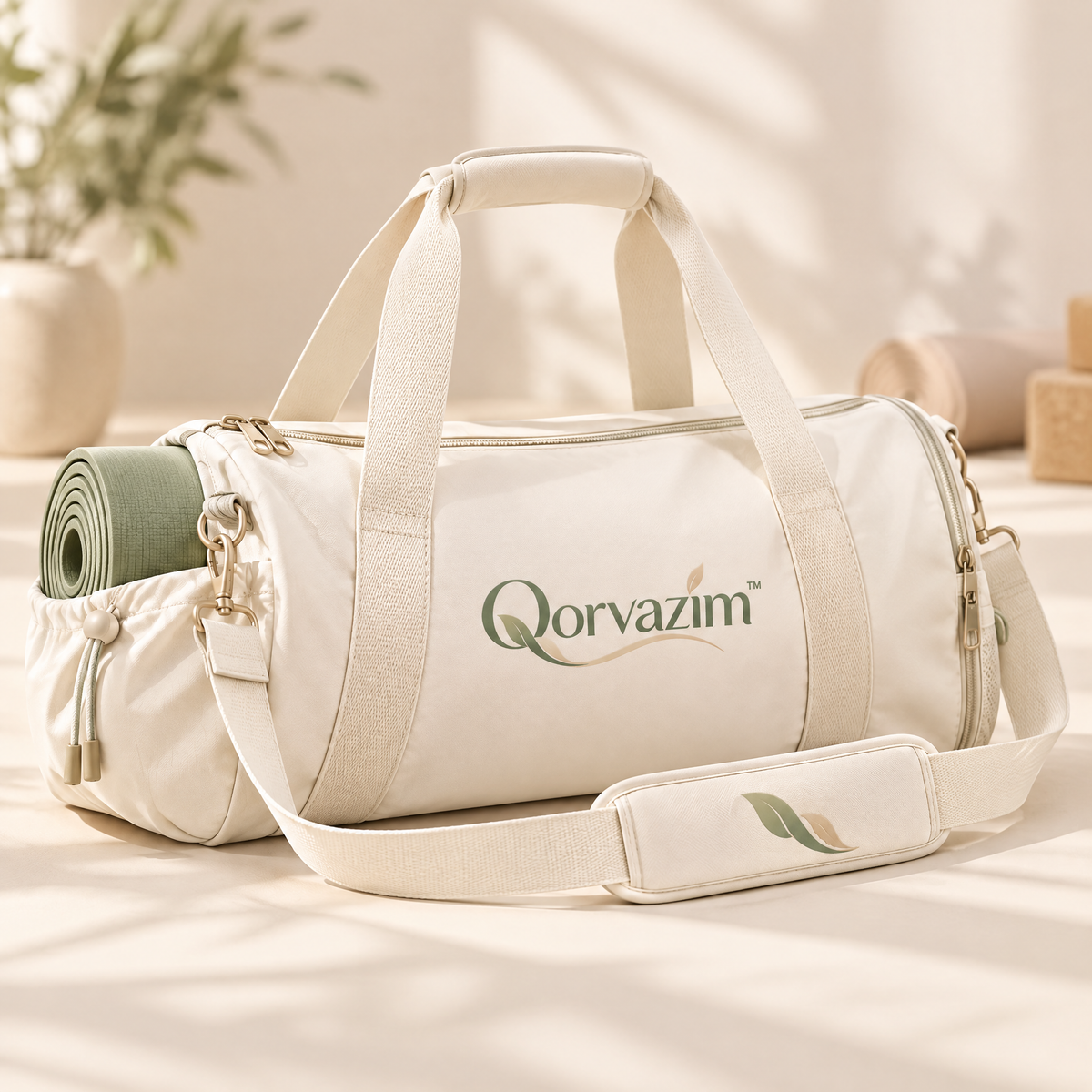 Qorvazim™ Canvas Yoga Duffel Bag with Dedicated Mat Holder &amp; Padded Shoulder Strap