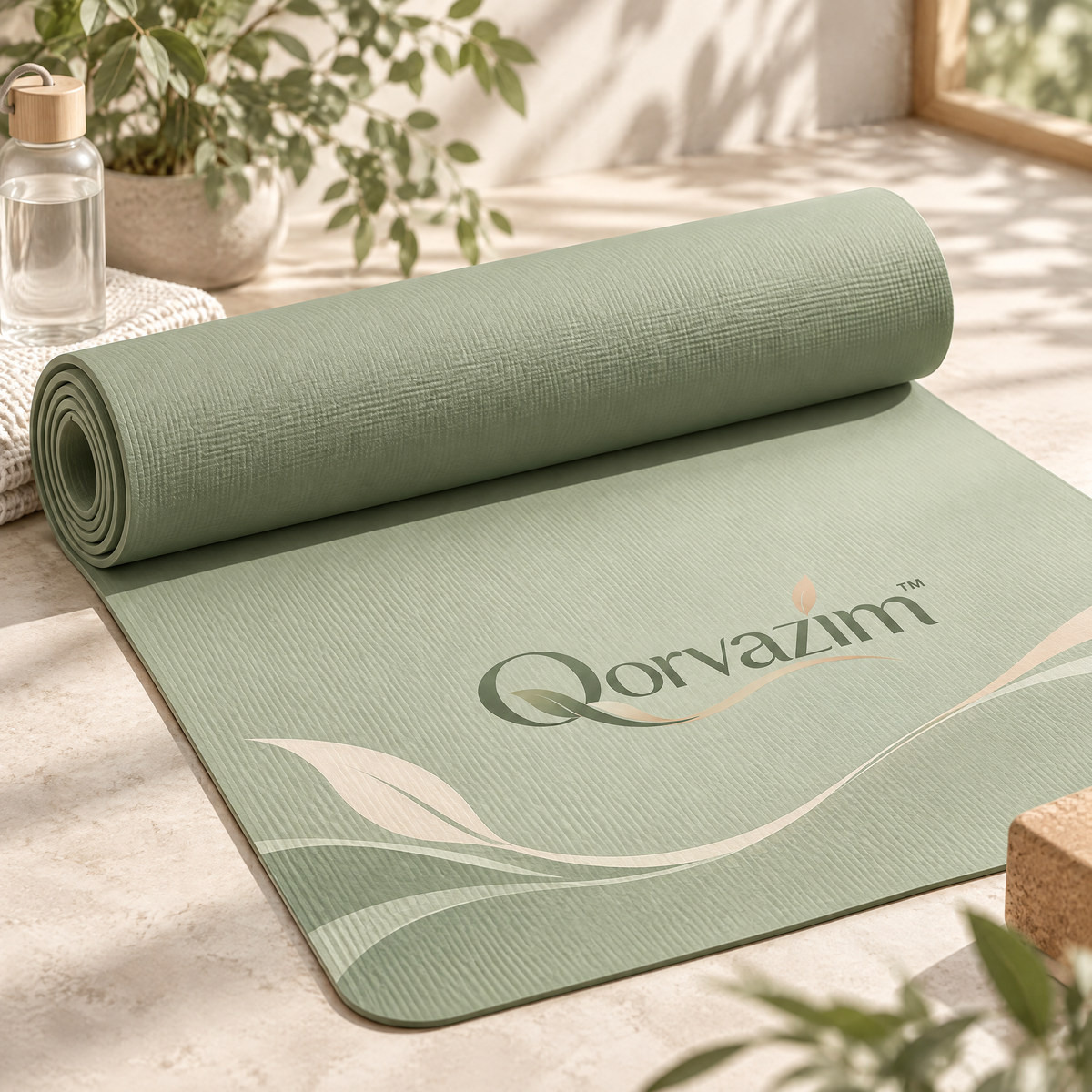 Qorvazim™ Non-Slip Yoga Mat – Sage Green Botanical Cushioned Exercise Mat for Yoga &amp; Pilates