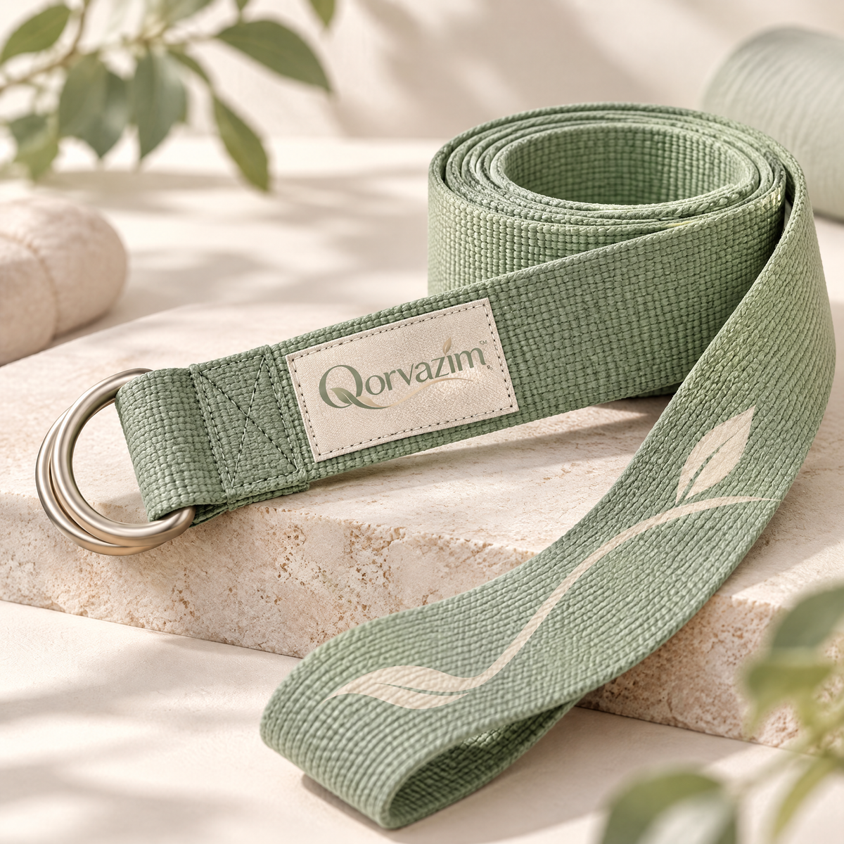 Qorvazim™ Premium Cotton Yoga Strap with Dual Metal D-Rings – Durable Non-Slip Stretching &amp; Flexibility Belt (Sage Green Leaf Edition)