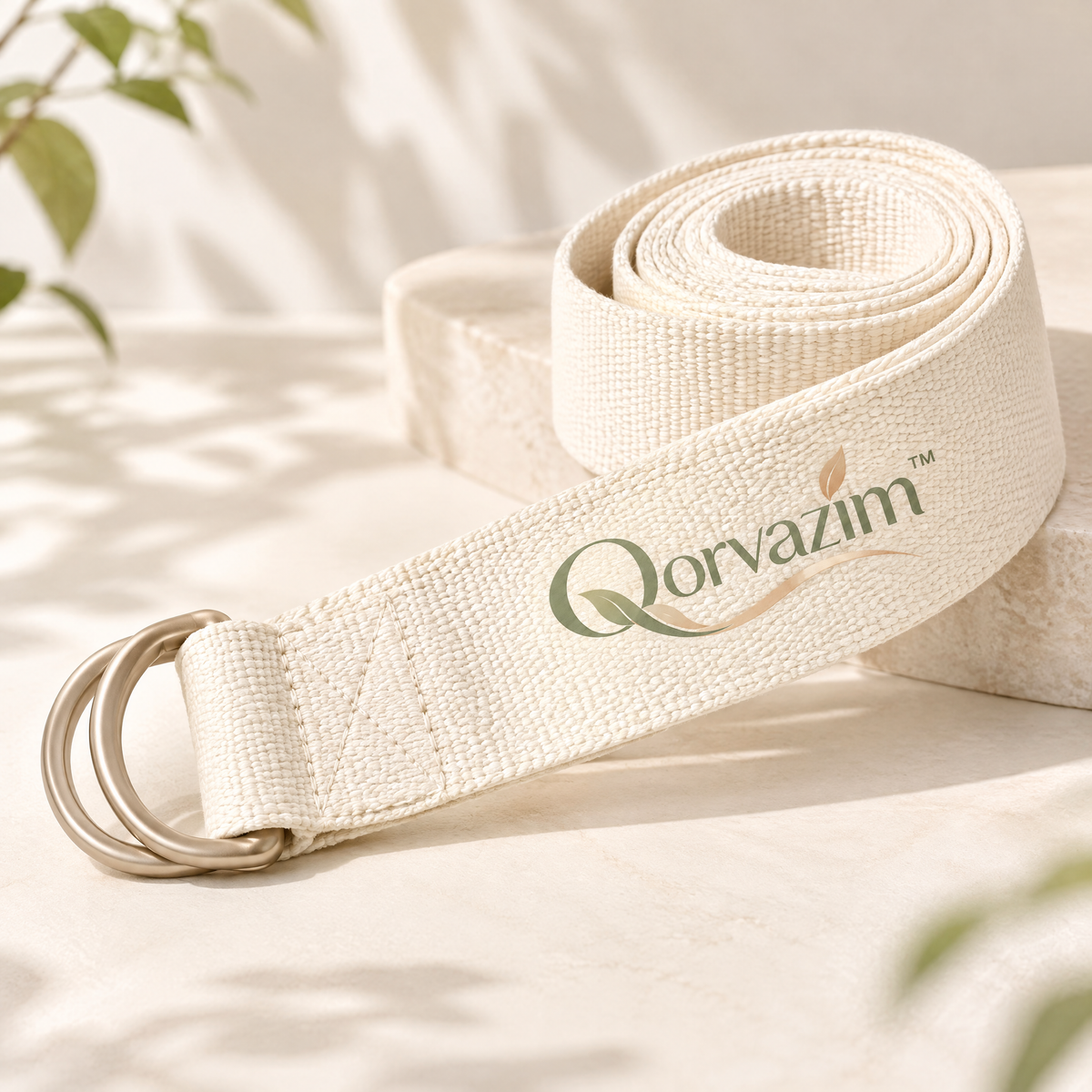 Qorvazim™ Natural Cotton Yoga Strap with Heavy-Duty Dual D-Ring Buckle for Stretching &amp; Deep Flexibility