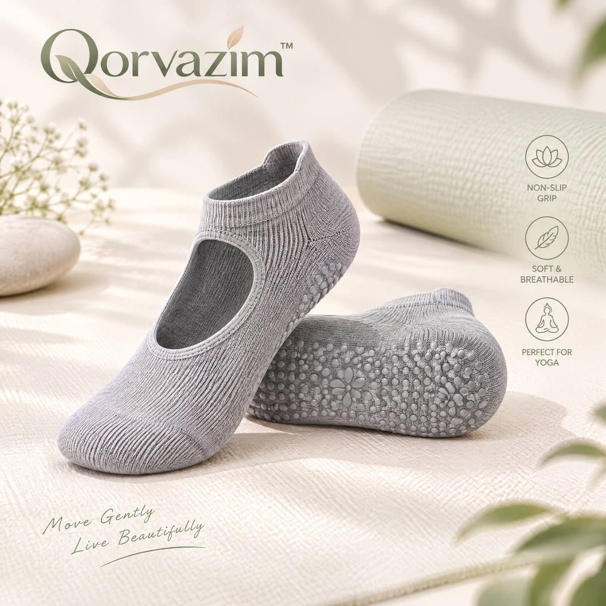 Qorvazim™ Non-Slip Yoga Socks, Breathable Ribbed Ballet Grip Socks for Pilates, Barre &amp; Studio Workouts