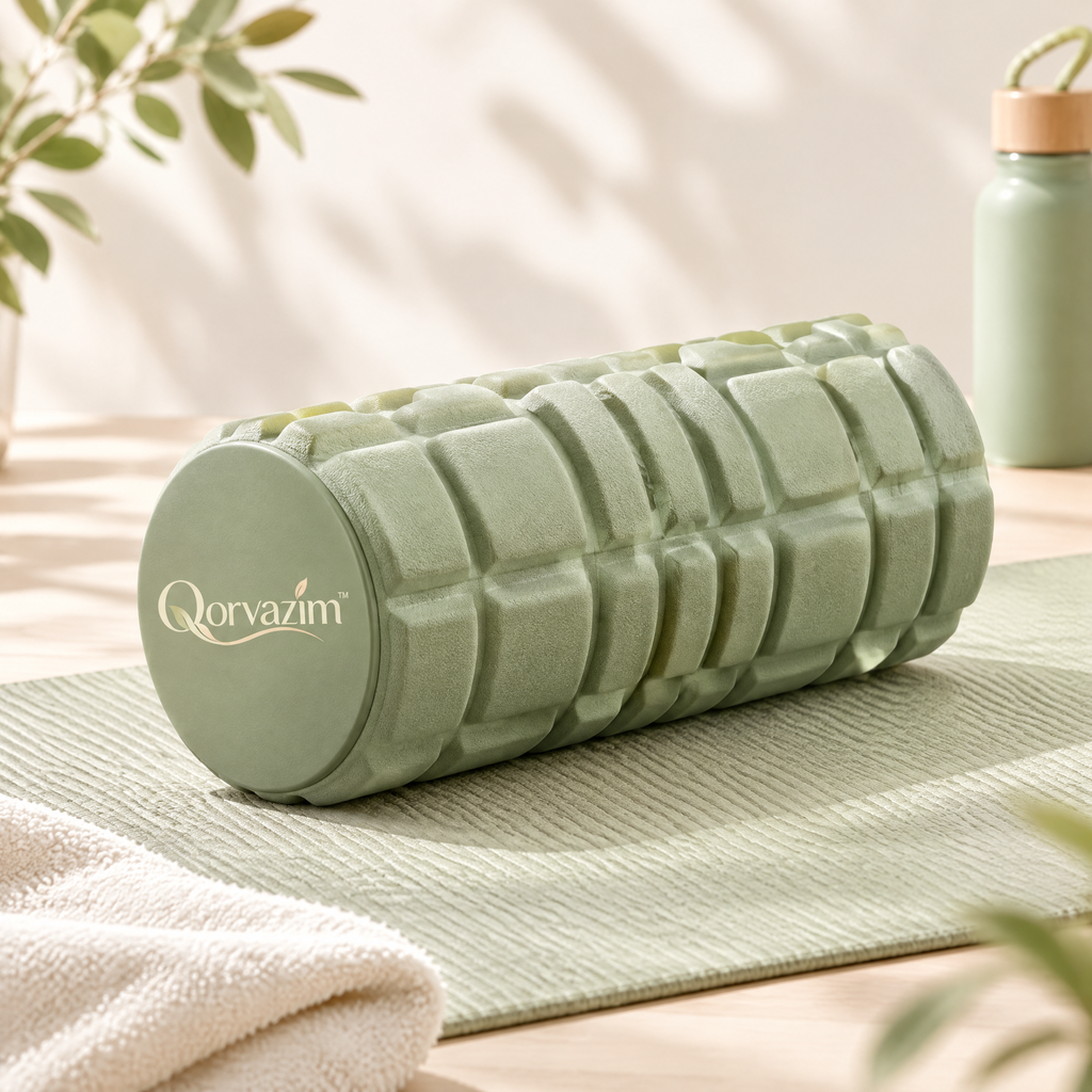 Qorvazim™ Deep Tissue Foam Roller – High-Density Textured Grid Roller for Muscle Recovery, Yoga &amp; Myofascial Release (Sage Green)