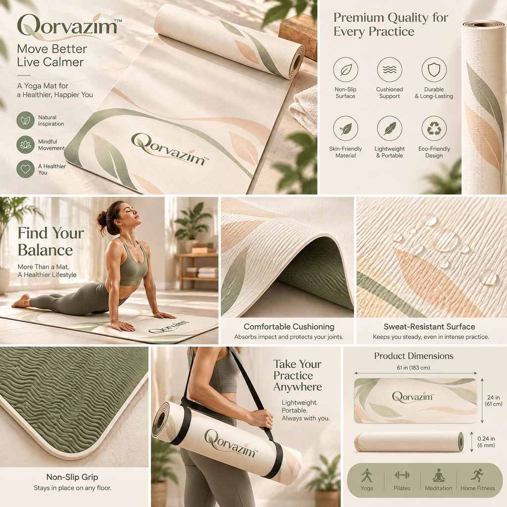 Qorvazim™ Non-Slip Botanical Yoga Mat – Eco-Friendly Minimalist Exercise &amp; Pilates Mat