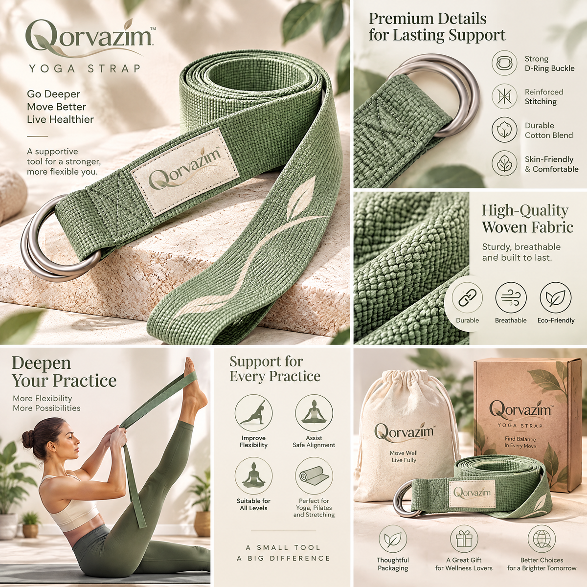 Qorvazim™ Premium Cotton Yoga Strap with Dual Metal D-Rings – Durable Non-Slip Stretching &amp; Flexibility Belt (Sage Green Leaf Edition)