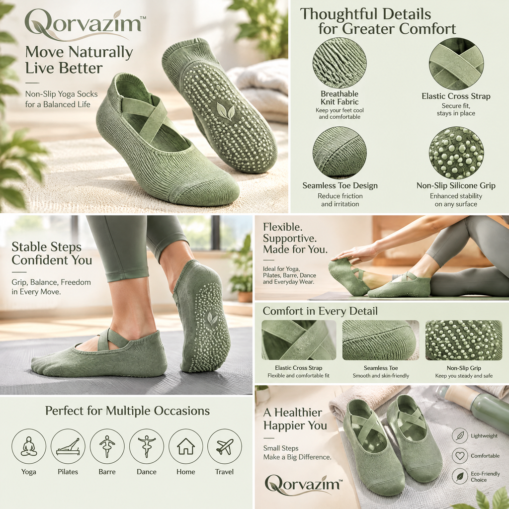 Qorvazim™ Women’s Non-Slip Ballet Grip Socks – Crisscross Elastic Ribbed Barre &amp; Pilates Socks