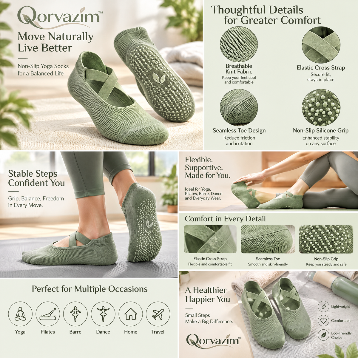 Qorvazim™ Women’s Non-Slip Ballet Grip Socks – Crisscross Elastic Ribbed Barre &amp; Pilates Socks