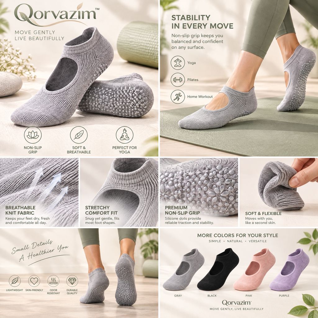 Qorvazim™ Non-Slip Yoga Socks, Breathable Ribbed Ballet Grip Socks for Pilates, Barre &amp; Studio Workouts