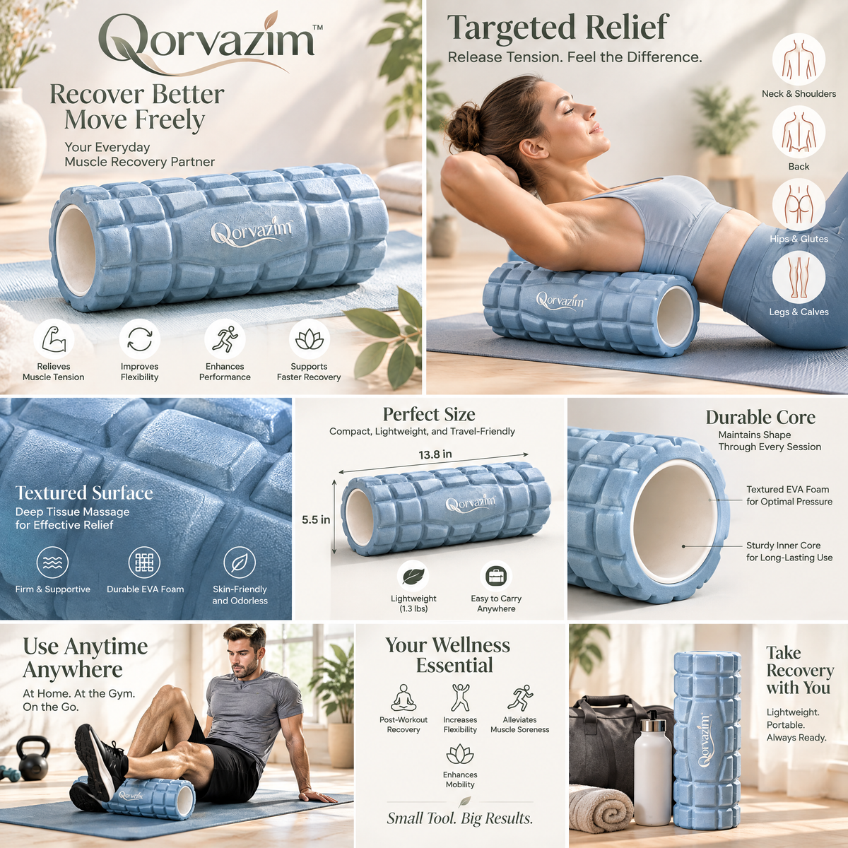 Qorvazim™ Deep Tissue Grid Foam Roller – High-Density Muscle Massage Roller for Trigger Point Release, Physical Therapy &amp; Post-Workout Recovery (Pastel Blue)