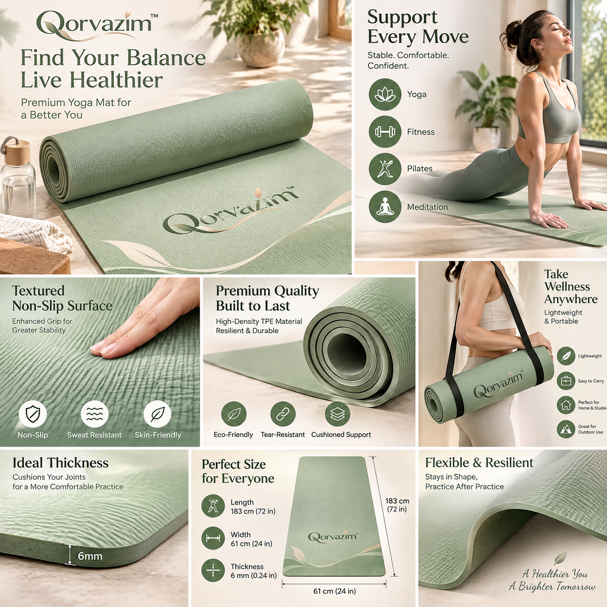 Qorvazim™ Non-Slip Yoga Mat – Sage Green Botanical Cushioned Exercise Mat for Yoga &amp; Pilates