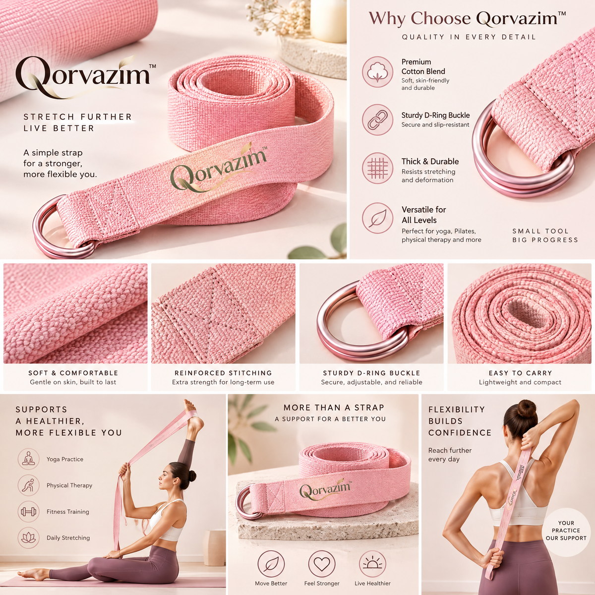 Qorvazim™ Premium Yoga Strap with Durable Metal D-Ring Buckle for Stretching, Flexibility &amp; Physical Therapy (Blush Pink)