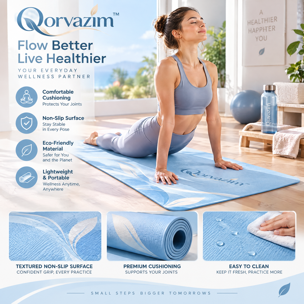 Qorvazim™ Non-Slip Floral Yoga Mat – Premium Textured Exercise &amp; Pilates Mat with Joint-Cushioning Support (Sky Blue Botanical)