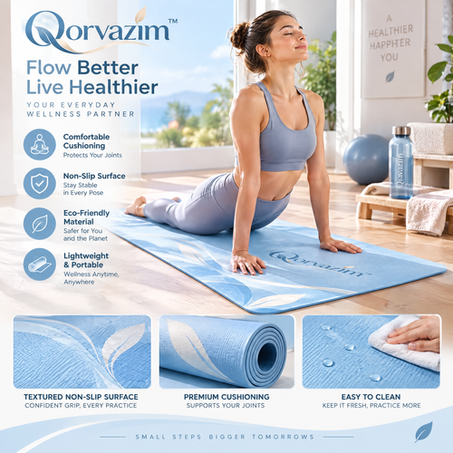 Qorvazim™ Non-Slip Floral Yoga Mat – Premium Textured Exercise &amp; Pilates Mat with Joint-Cushioning Support (Sky Blue Botanical)
