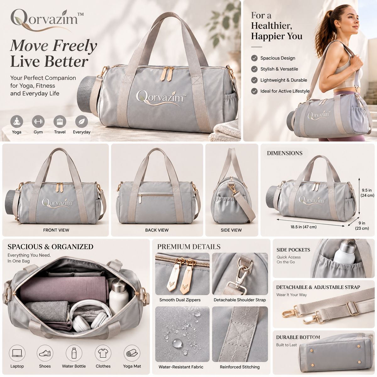 Qorvazim™ Lightweight Yoga Duffel Bag with Built-In Mat Carrier – Aesthetic Gym, Studio &amp; Weekend Travel Tote