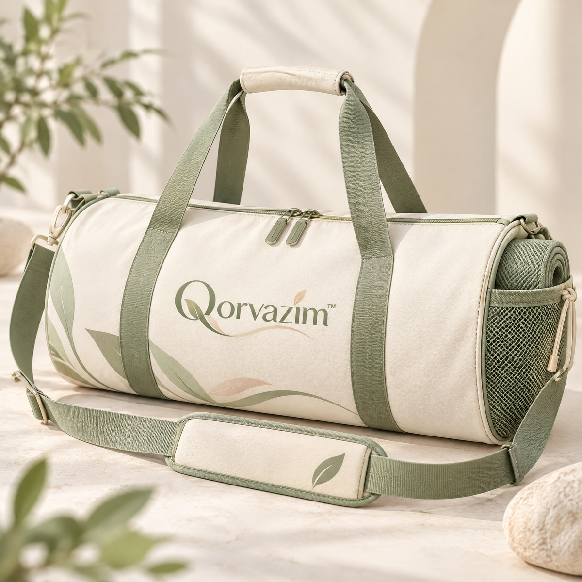Qorvazim™ Canvas Yoga Duffel Bag – Aesthetic Barrel Gym &amp; Travel Bag with Yoga Mat Holder