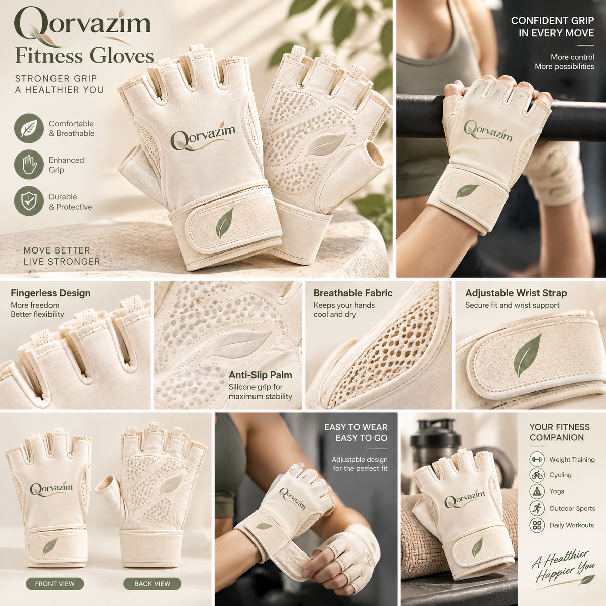 Qorvazim™ Women's Breathable Workout Gloves with Wrist Support – Anti-Slip Silicone Palm &amp; Fingerless Design for Yoga, Pilates, Gym &amp; Light Training