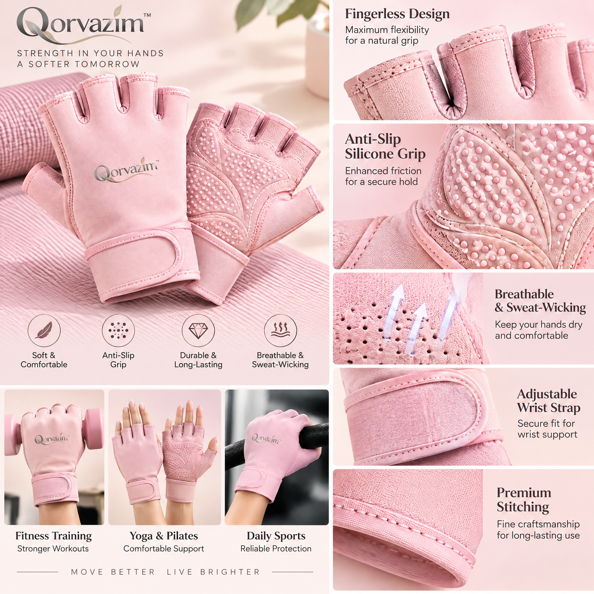 Qorvazim™ Women's Breathable Fingerless Workout Gloves with Non-Slip Silicone Palm &amp; Adjustable Wrist Support for Yoga, Pilates &amp; Fitness