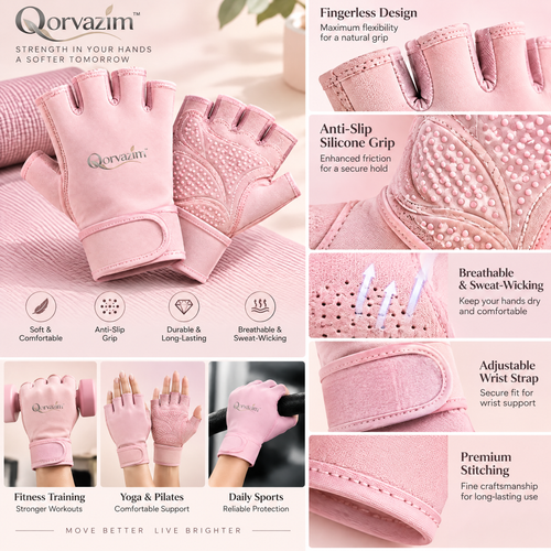 Qorvazim™ Women's Breathable Fingerless Workout Gloves with Non-Slip Silicone Palm &amp; Adjustable Wrist Support for Yoga, Pilates &amp; Fitness