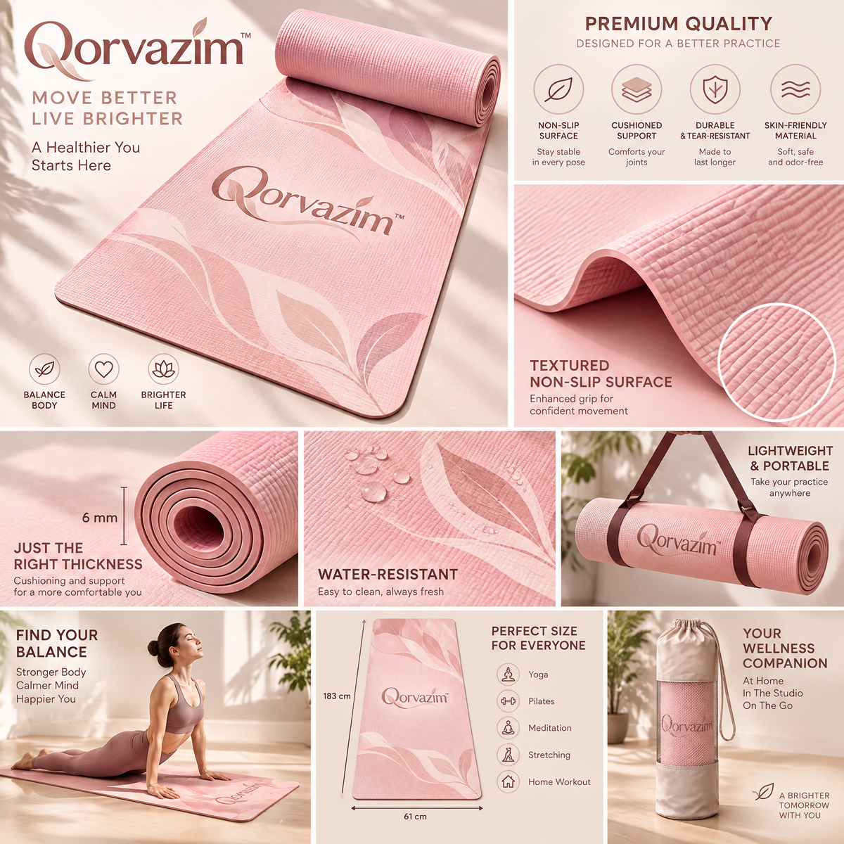 Qorvazim™ Non-Slip Floral Yoga Mat – Premium Cushioned Exercise Mat for Yoga, Pilates &amp; Floor Workouts (Blush Pink)