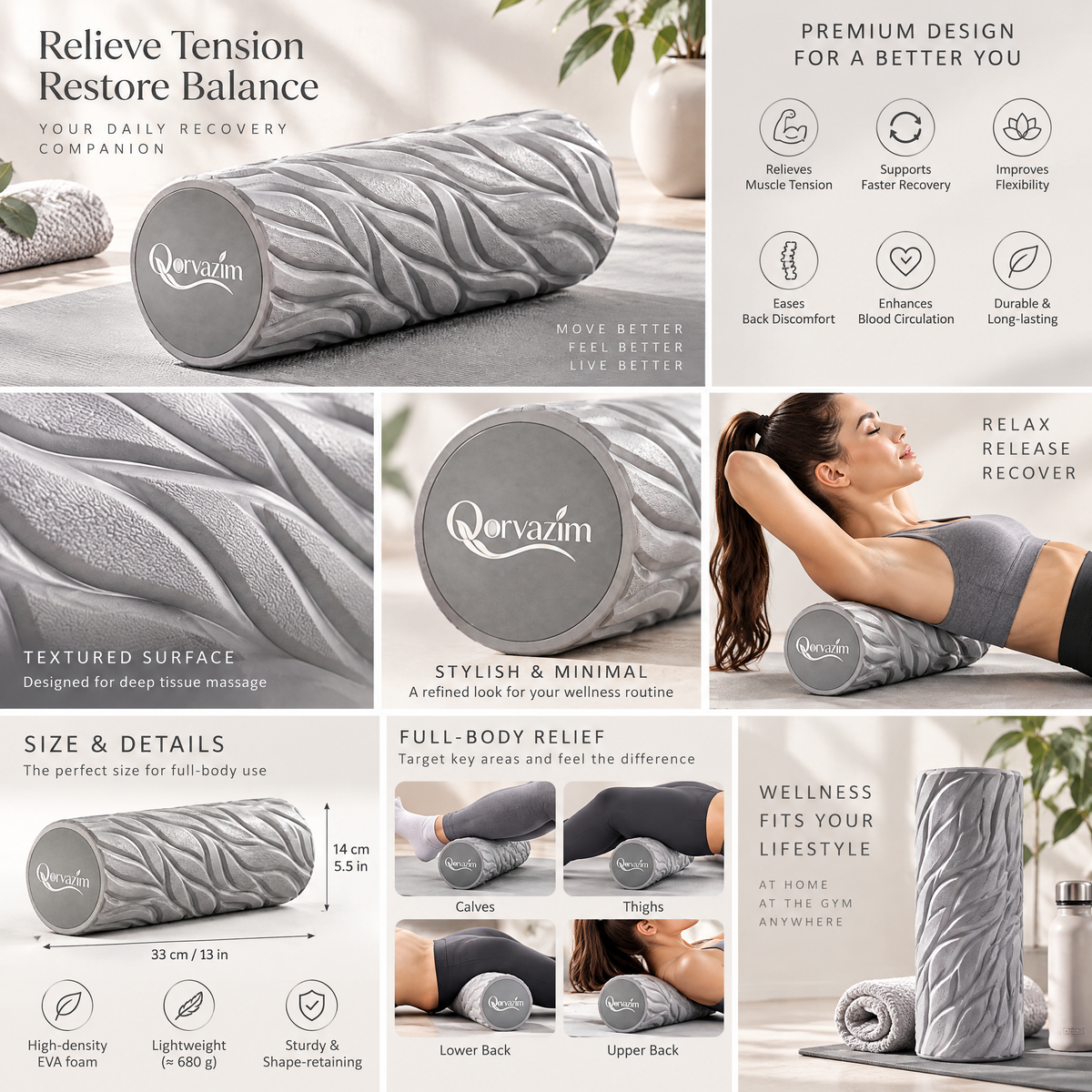 Qorvazim™ High-Density Textured Foam Roller – 3D Leaf-Wave Pattern Deep Tissue Massager for Yoga, Pilates &amp; Muscle Recovery (Mist Grey)