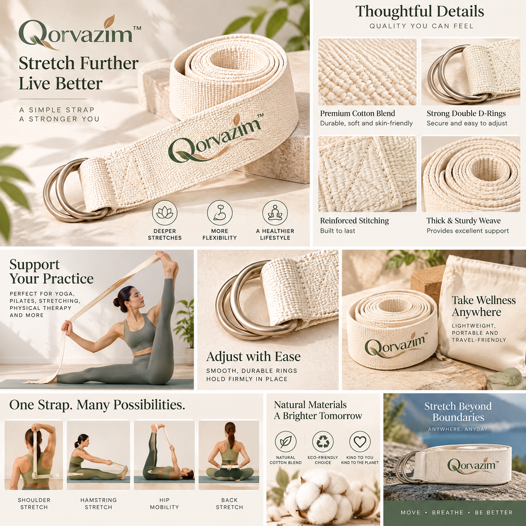 Qorvazim™ Natural Cotton Yoga Strap with Heavy-Duty Dual D-Ring Buckle for Stretching &amp; Deep Flexibility