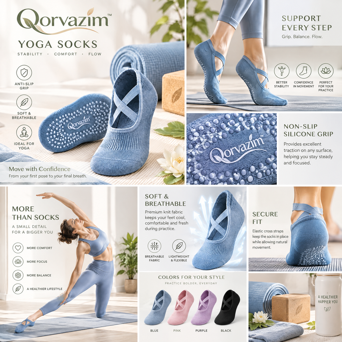 Qorvazim™ Women's Non-Slip Yoga Socks with Criss-Cross Straps &amp; Silicone Grips for Pilates, Barre, and Ballet