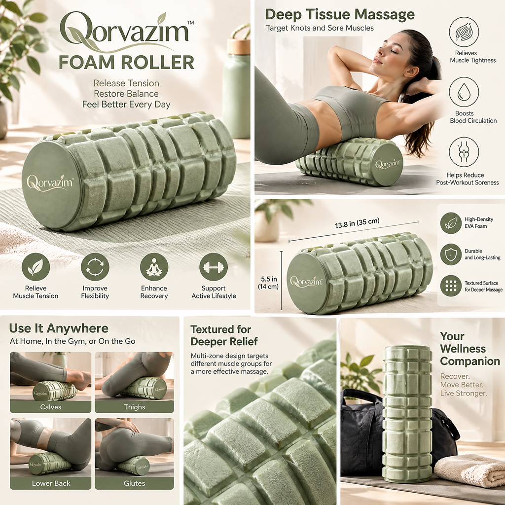 Qorvazim™ Deep Tissue Foam Roller – High-Density Textured Grid Roller for Muscle Recovery, Yoga &amp; Myofascial Release (Sage Green)