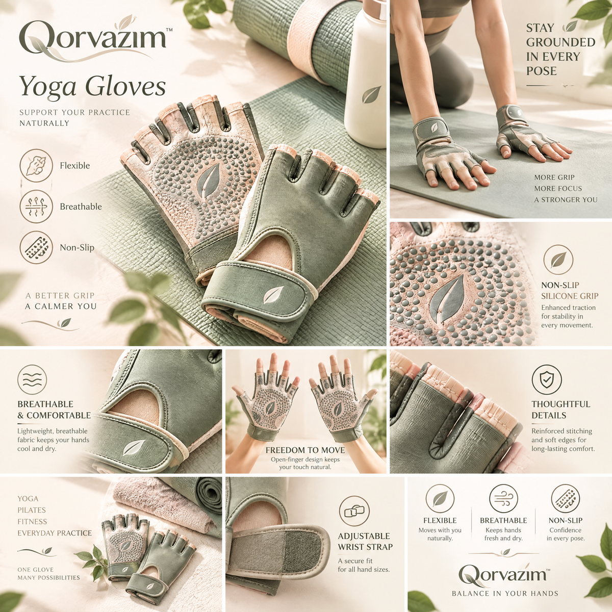 Qorvazim™ Non-Slip Yoga Gloves with Wrist Wrap – Breathable Fingerless Grip Gloves for Pilates, Barre, and Mat-Free Workouts (Sage Green)