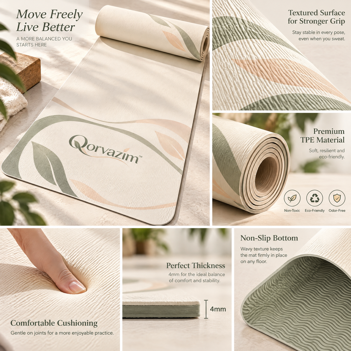 Qorvazim™ Non-Slip Botanical Yoga Mat – Eco-Friendly Minimalist Exercise &amp; Pilates Mat