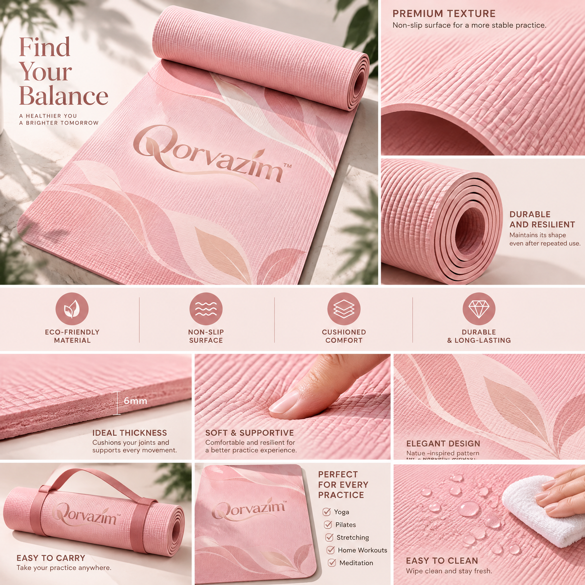 Qorvazim™ Non-Slip Floral Yoga Mat – Premium Cushioned Exercise Mat for Yoga, Pilates &amp; Floor Workouts (Blush Pink)