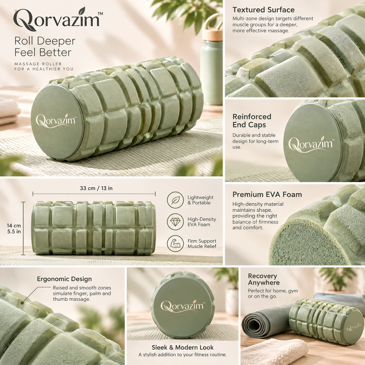 Qorvazim™ Deep Tissue Foam Roller – High-Density Textured Grid Roller for Muscle Recovery, Yoga &amp; Myofascial Release (Sage Green)