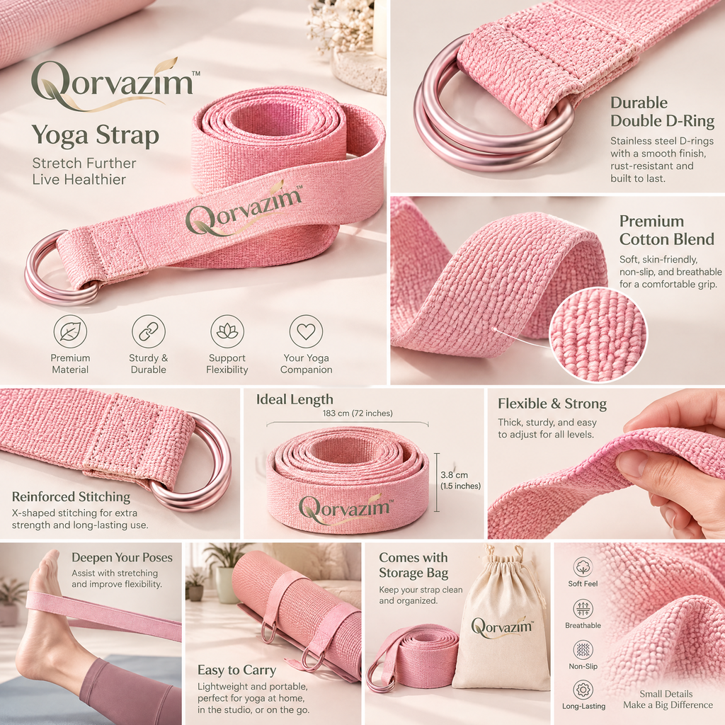 Qorvazim™ Premium Yoga Strap with Durable Metal D-Ring Buckle for Stretching, Flexibility &amp; Physical Therapy (Blush Pink)
