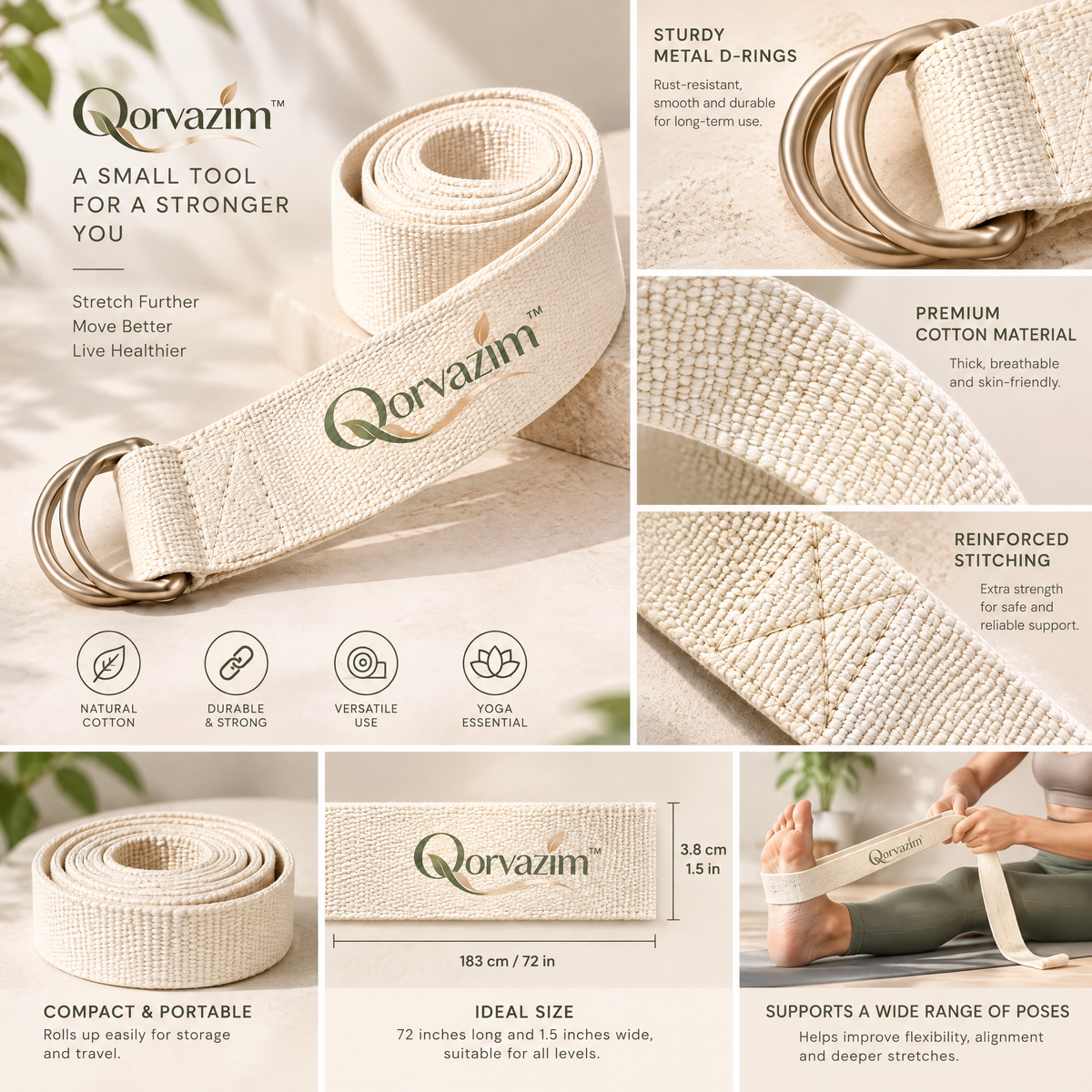 Qorvazim™ Natural Cotton Yoga Strap with Heavy-Duty Dual D-Ring Buckle for Stretching &amp; Deep Flexibility