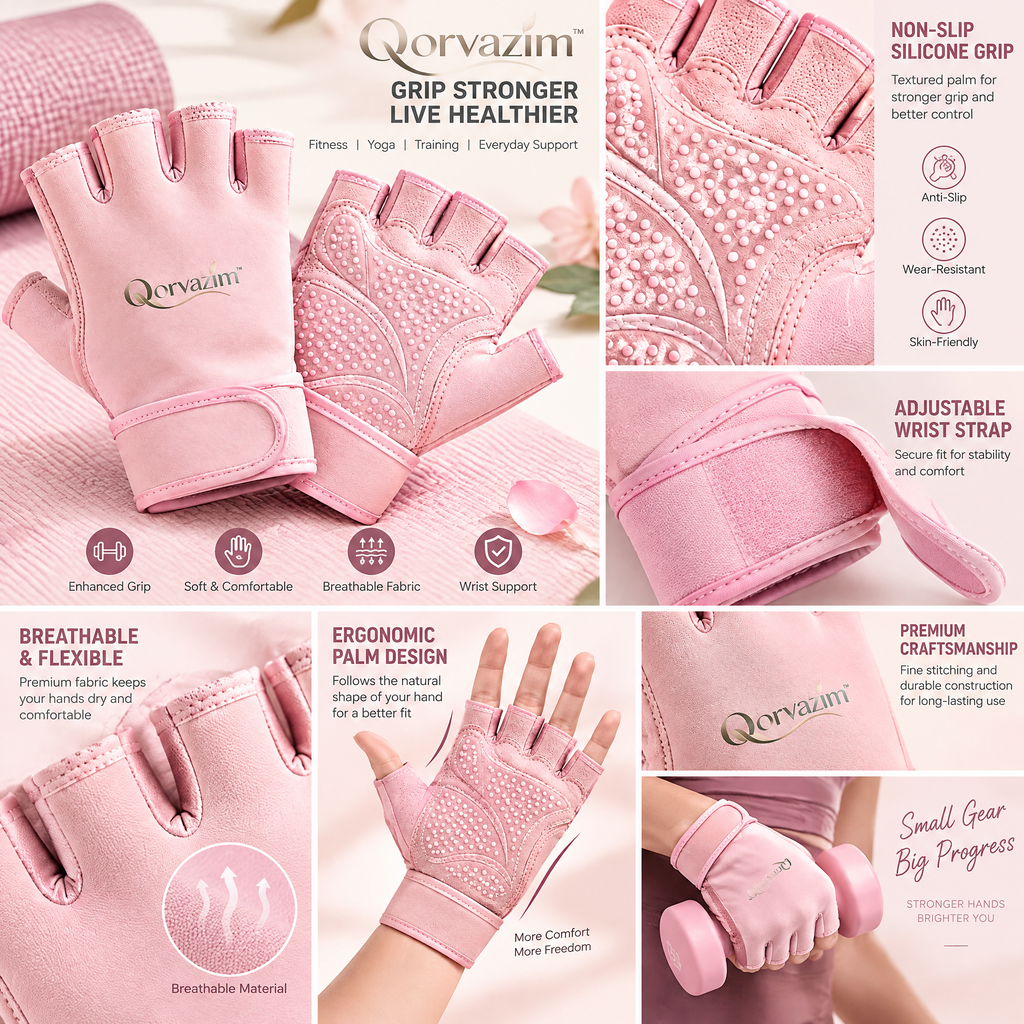 Qorvazim™ Women's Breathable Fingerless Workout Gloves with Non-Slip Silicone Palm &amp; Adjustable Wrist Support for Yoga, Pilates &amp; Fitness