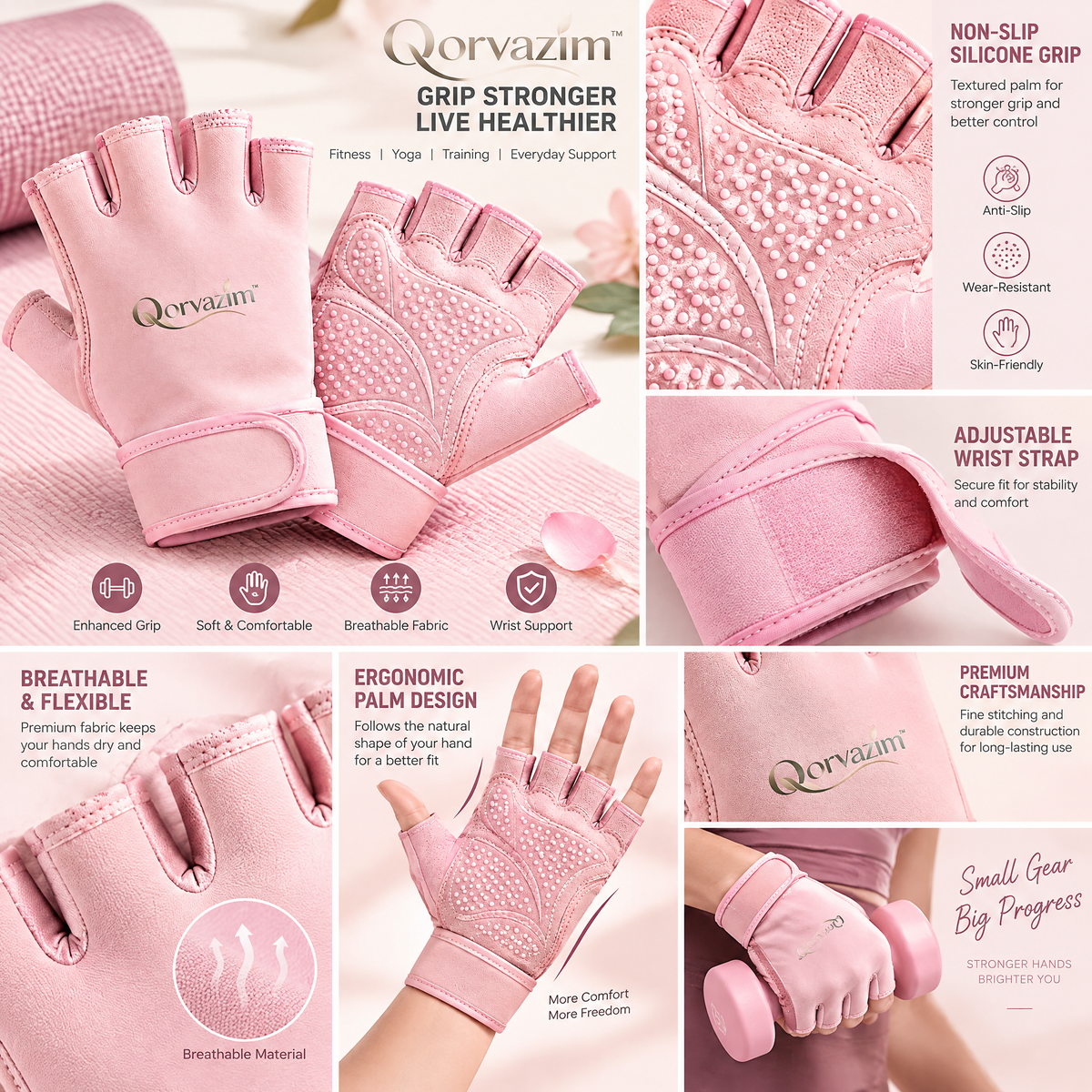 Qorvazim™ Women's Breathable Fingerless Workout Gloves with Non-Slip Silicone Palm &amp; Adjustable Wrist Support for Yoga, Pilates &amp; Fitness