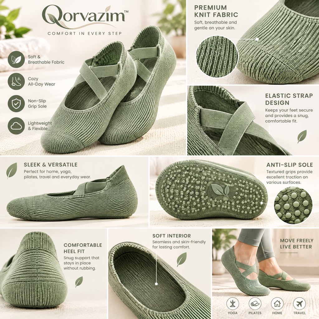 Qorvazim™ Women’s Non-Slip Ballet Grip Socks – Crisscross Elastic Ribbed Barre &amp; Pilates Socks