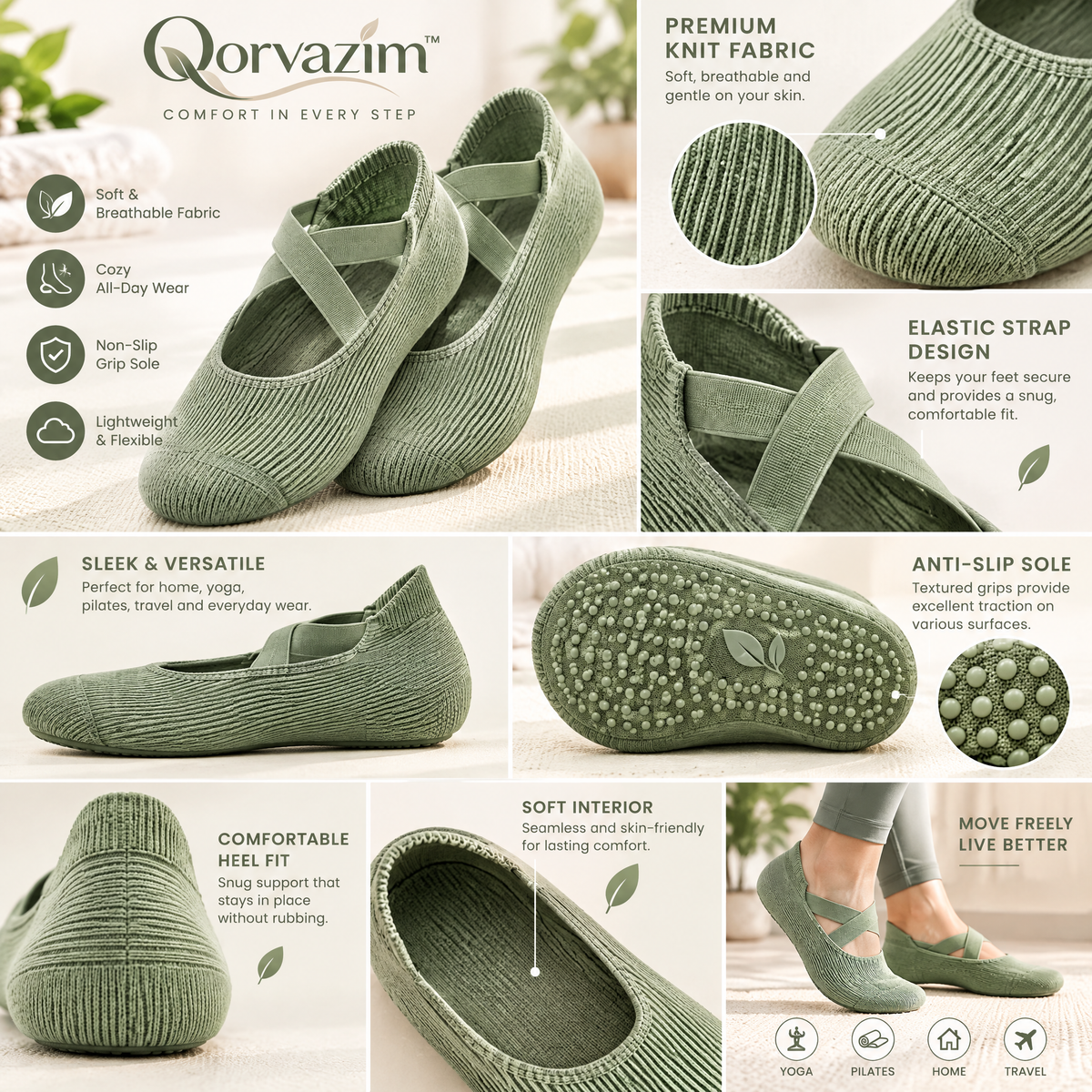 Qorvazim™ Women’s Non-Slip Ballet Grip Socks – Crisscross Elastic Ribbed Barre &amp; Pilates Socks