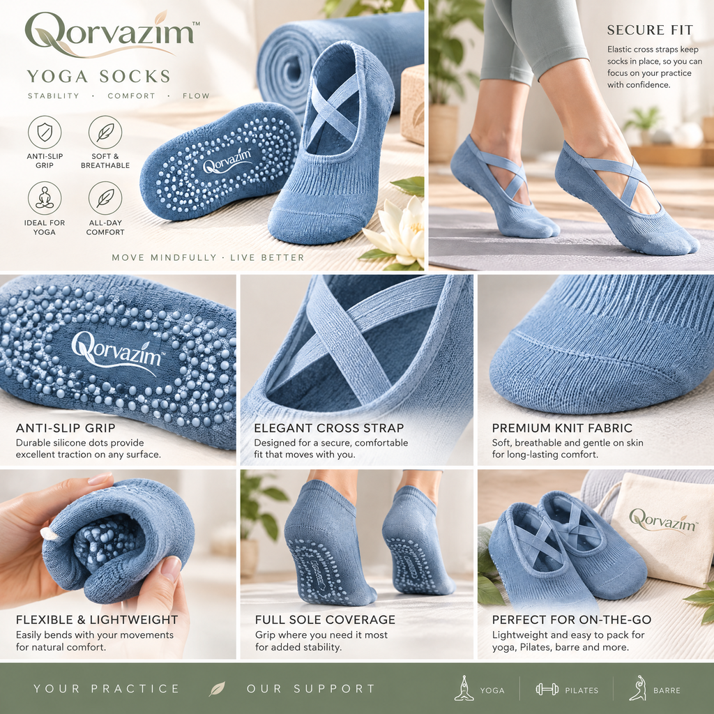 Qorvazim™ Women's Non-Slip Yoga Socks with Criss-Cross Straps &amp; Silicone Grips for Pilates, Barre, and Ballet