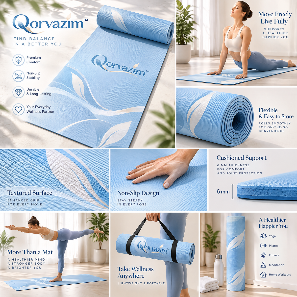 Qorvazim™ Non-Slip Floral Yoga Mat – Premium Textured Exercise &amp; Pilates Mat with Joint-Cushioning Support (Sky Blue Botanical)