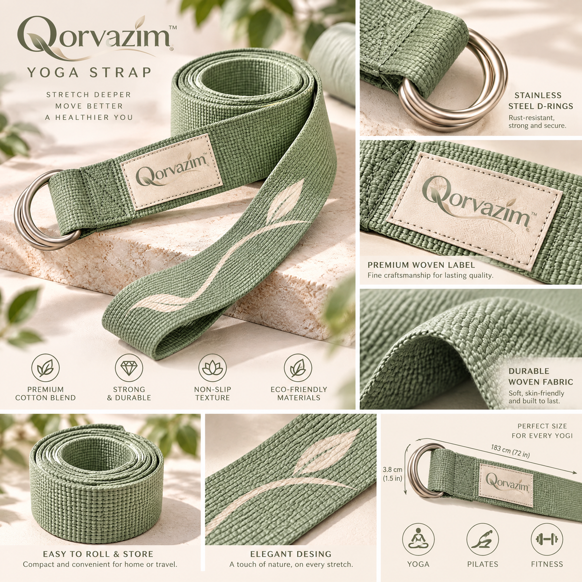 Qorvazim™ Premium Cotton Yoga Strap with Dual Metal D-Rings – Durable Non-Slip Stretching &amp; Flexibility Belt (Sage Green Leaf Edition)