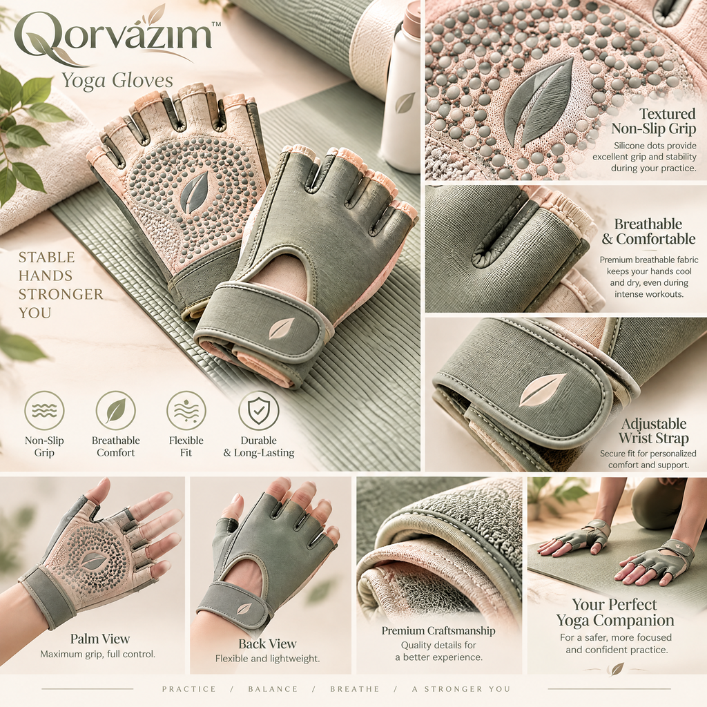 Qorvazim™ Non-Slip Yoga Gloves with Wrist Wrap – Breathable Fingerless Grip Gloves for Pilates, Barre, and Mat-Free Workouts (Sage Green)