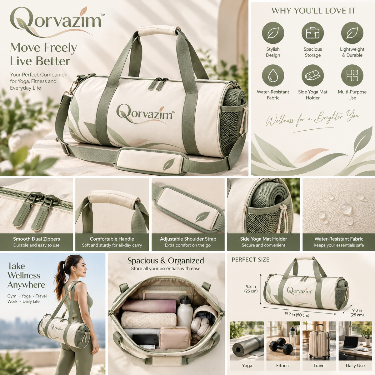 Qorvazim™ Canvas Yoga Duffel Bag – Aesthetic Barrel Gym &amp; Travel Bag with Yoga Mat Holder