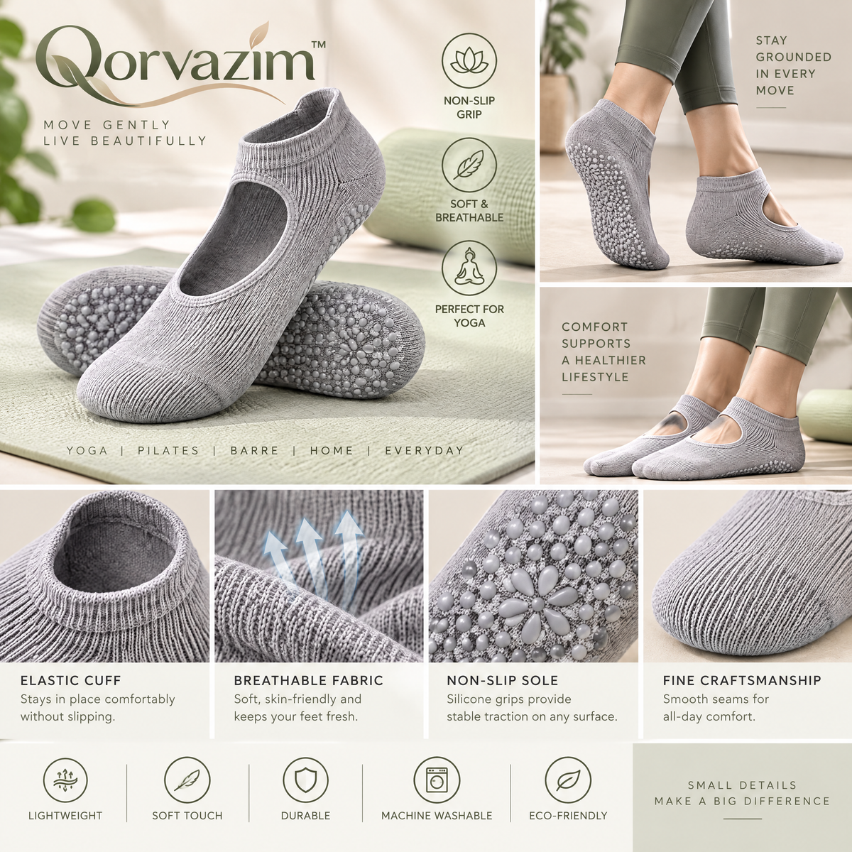 Qorvazim™ Non-Slip Yoga Socks, Breathable Ribbed Ballet Grip Socks for Pilates, Barre &amp; Studio Workouts