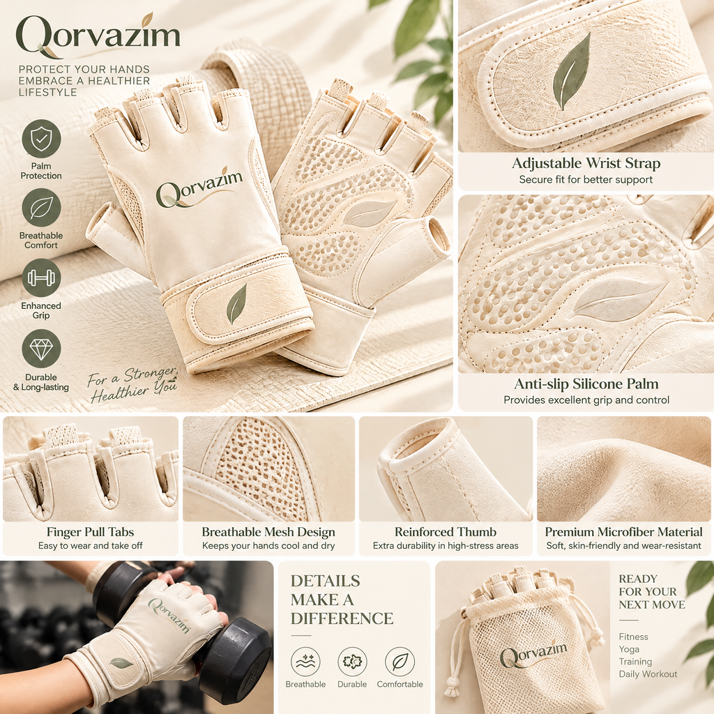 Qorvazim™ Women's Breathable Workout Gloves with Wrist Support – Anti-Slip Silicone Palm &amp; Fingerless Design for Yoga, Pilates, Gym &amp; Light Training