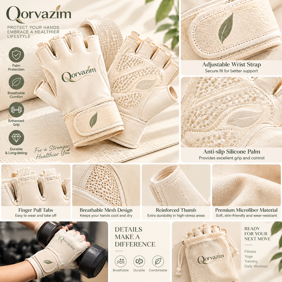 Qorvazim™ Women's Breathable Workout Gloves with Wrist Support – Anti-Slip Silicone Palm &amp; Fingerless Design for Yoga, Pilates, Gym &amp; Light Training