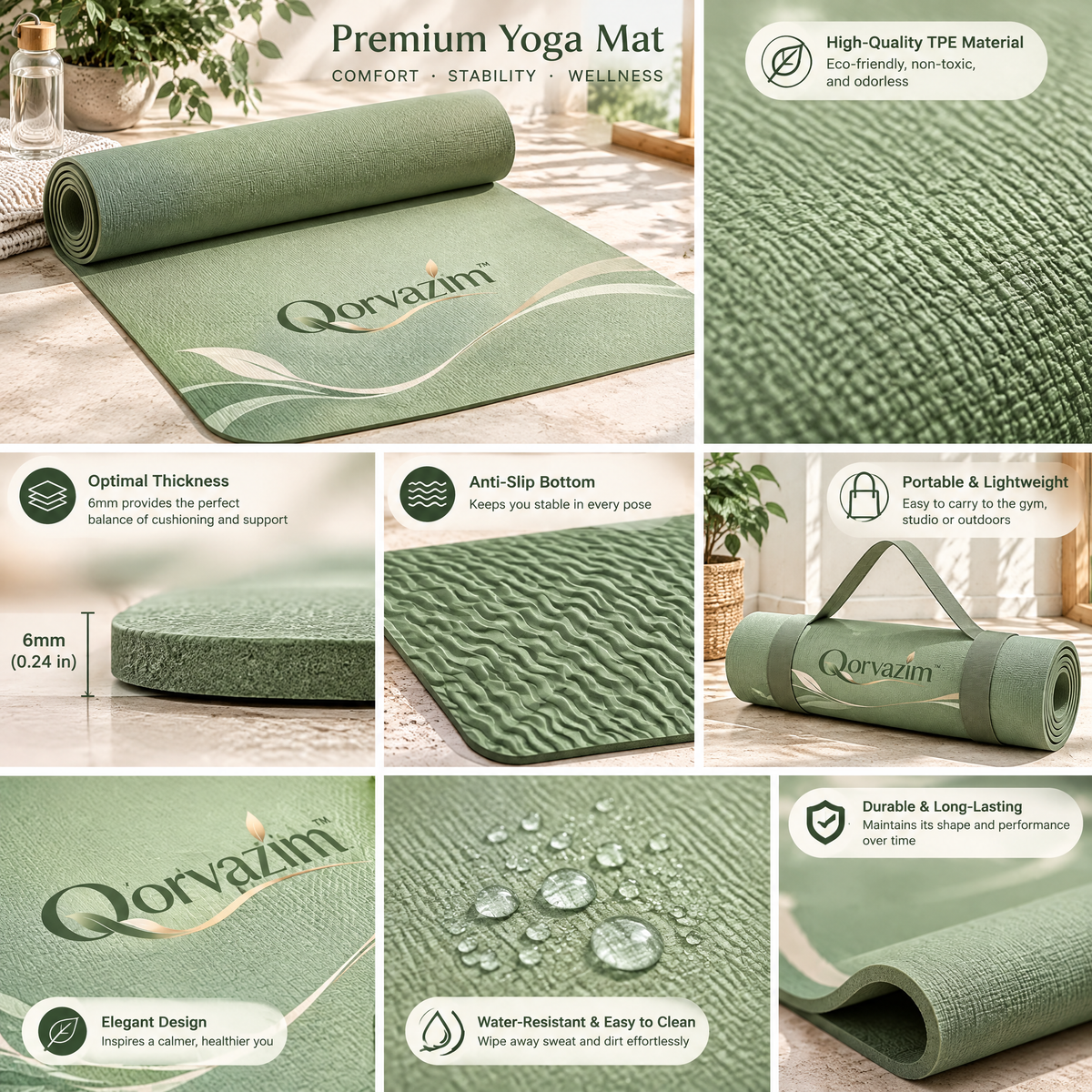 Qorvazim™ Non-Slip Yoga Mat – Sage Green Botanical Cushioned Exercise Mat for Yoga &amp; Pilates