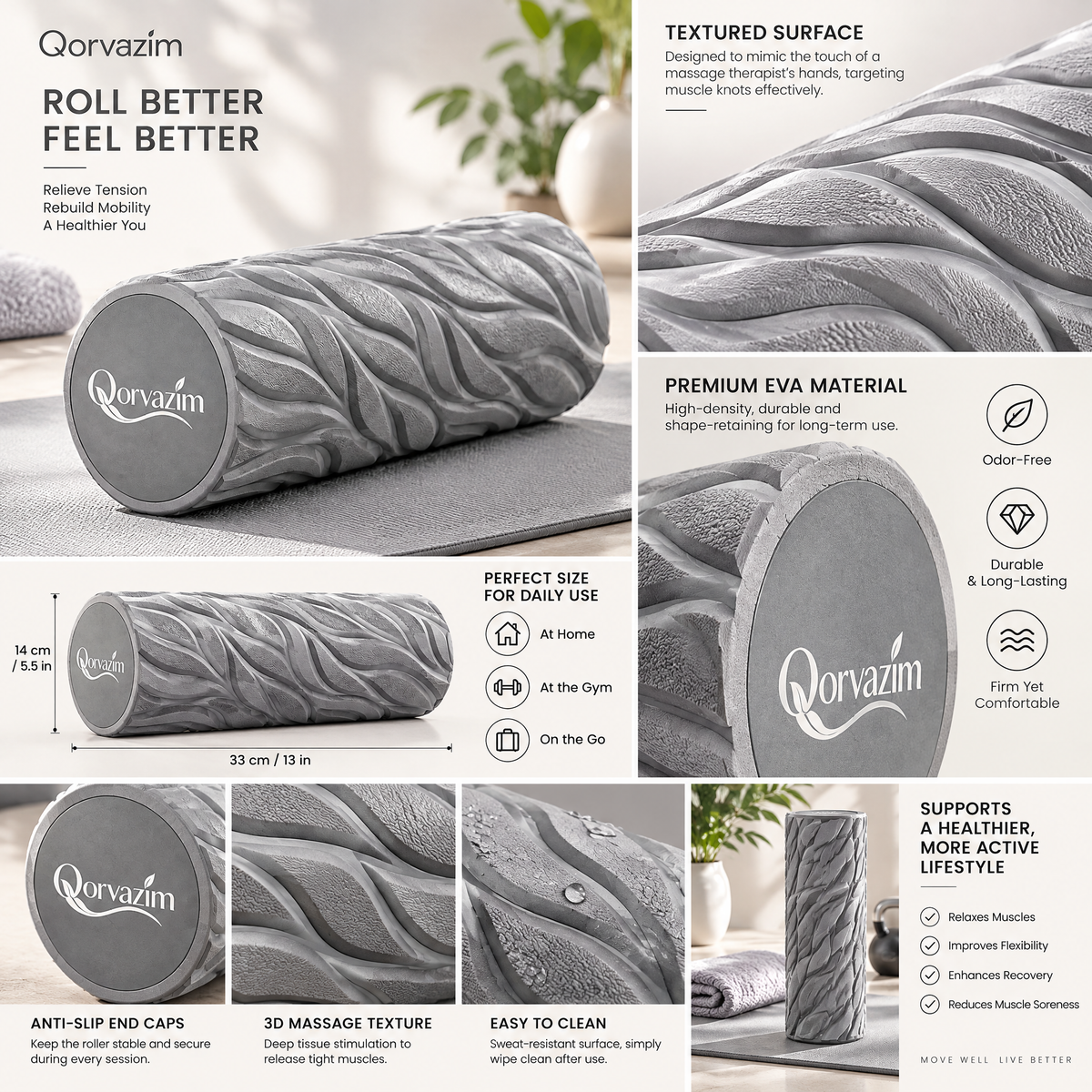 Qorvazim™ High-Density Textured Foam Roller – 3D Leaf-Wave Pattern Deep Tissue Massager for Yoga, Pilates &amp; Muscle Recovery (Mist Grey)