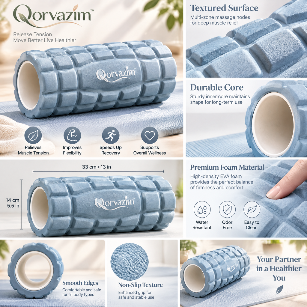 Qorvazim™ Deep Tissue Grid Foam Roller – High-Density Muscle Massage Roller for Trigger Point Release, Physical Therapy &amp; Post-Workout Recovery (Pastel Blue)