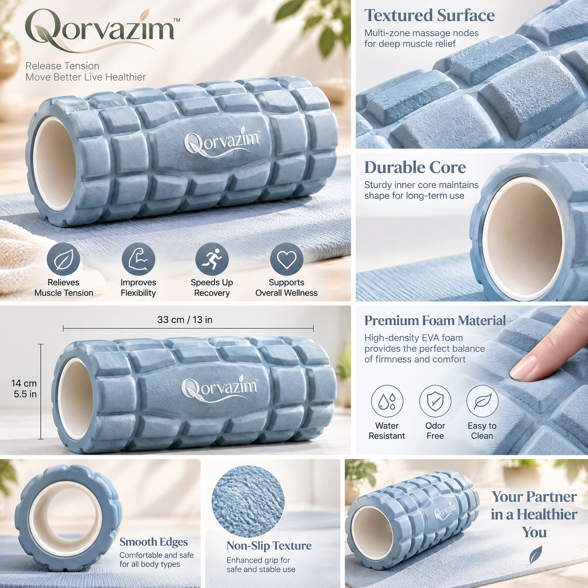 Qorvazim™ Deep Tissue Grid Foam Roller – High-Density Muscle Massage Roller for Trigger Point Release, Physical Therapy &amp; Post-Workout Recovery (Pastel Blue)
