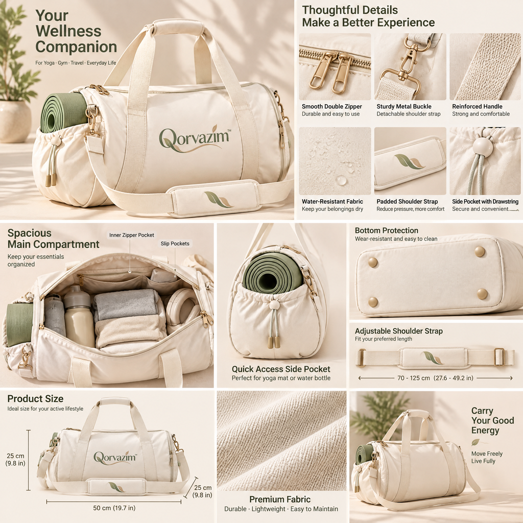 Qorvazim™ Canvas Yoga Duffel Bag with Dedicated Mat Holder &amp; Padded Shoulder Strap